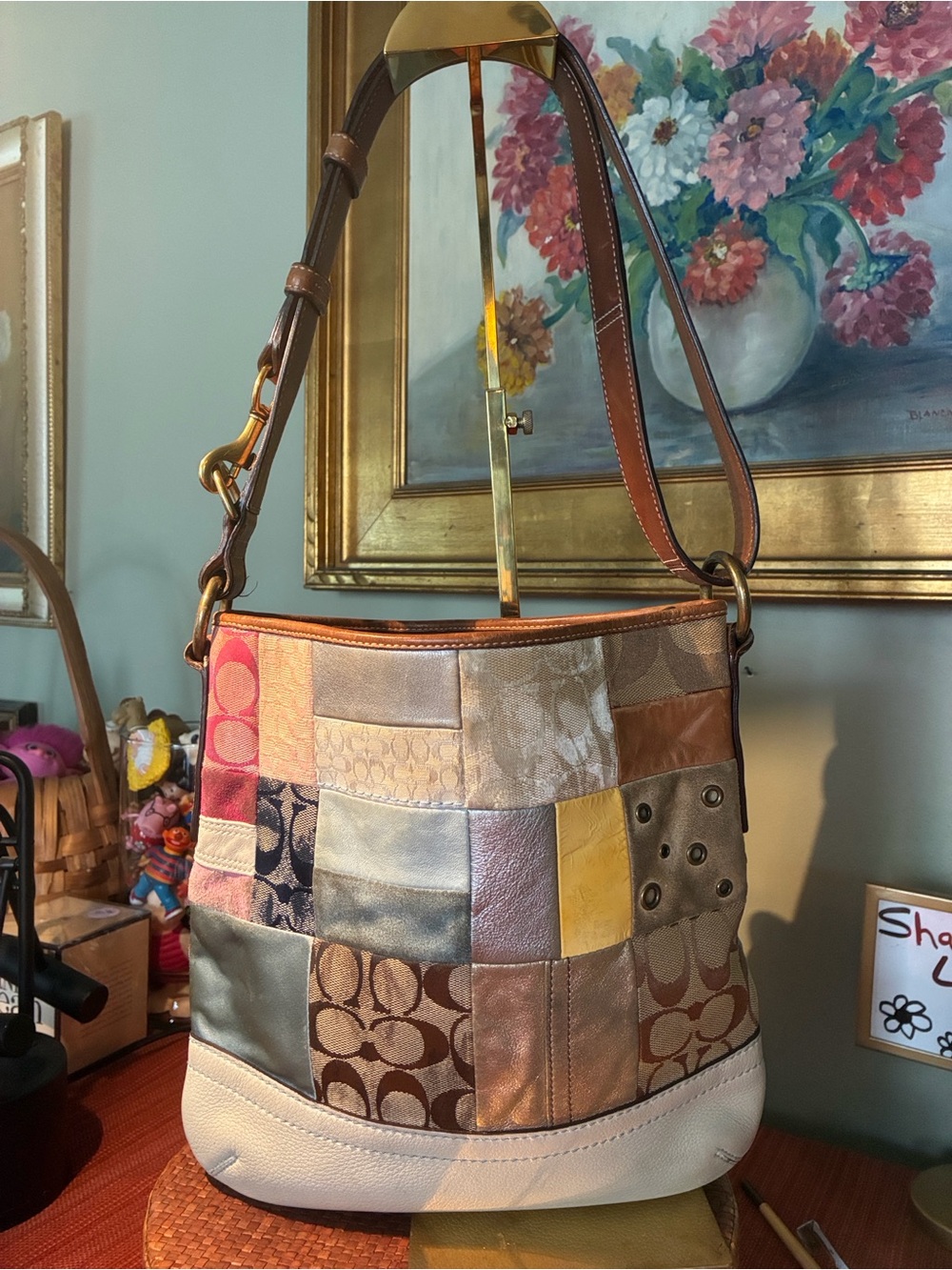 Coach Patchwork Demi Shoulder Bag Multicolor Leather Suede Jacquard Vintage